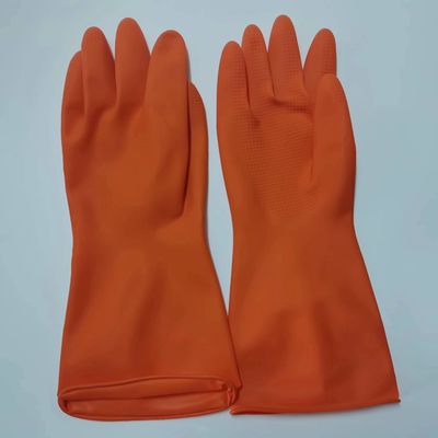 Dikte 0,345 tot 0,55 millimeter Latex Huishoudhandschoen in Geel Rood Oranje kleuren met OEM-aanpassingsopties