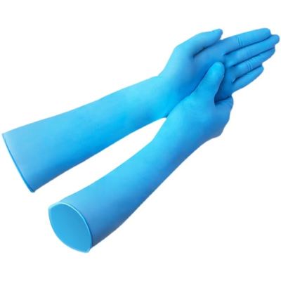 Verpakking Hoeveelheid zak 50 stuks Zuurbestendige poedervrije handschoenen geschikt voor chemische fabrieken die handbescherming nodig hebben