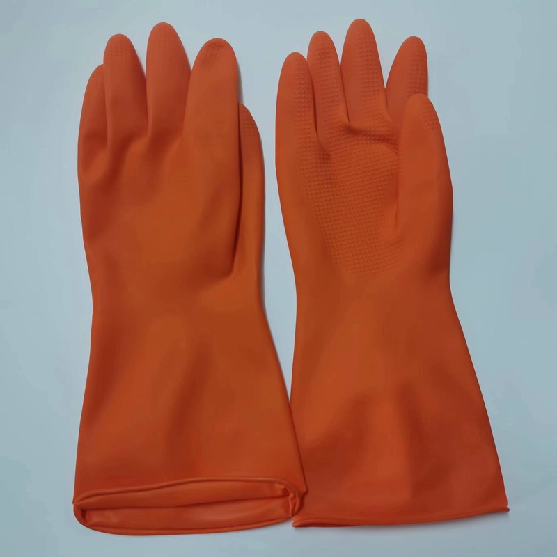 Dikte 0,345 tot 0,55 millimeter Latex Huishoudhandschoen in Geel Rood Oranje kleuren met OEM-aanpassingsopties