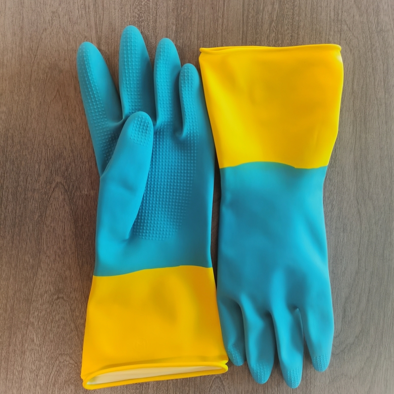 Industrieel Tweekleurig de Handschoenhuishouden die van het keuken Schoonmakend Latex Chemische Weerstand dik maken